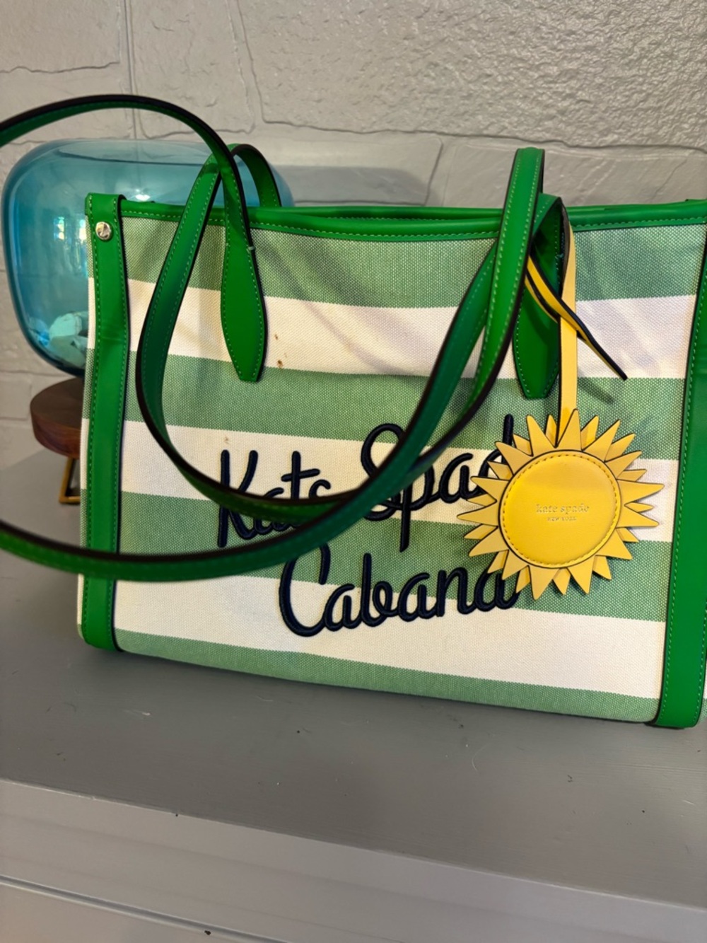 kate spade Green and White Striped Cabana Canvas Tote with Yellow Sun Charm
